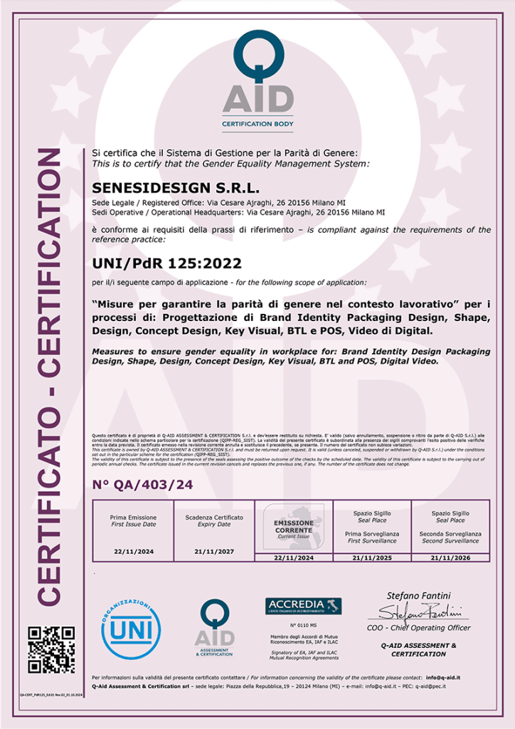 Certificazione UNI PdR 124 per la parità di genere ottenuta da Senesidesign Group