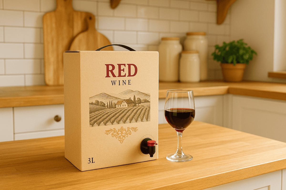 Bag-in-box Vino e bicchiere di vino rosso