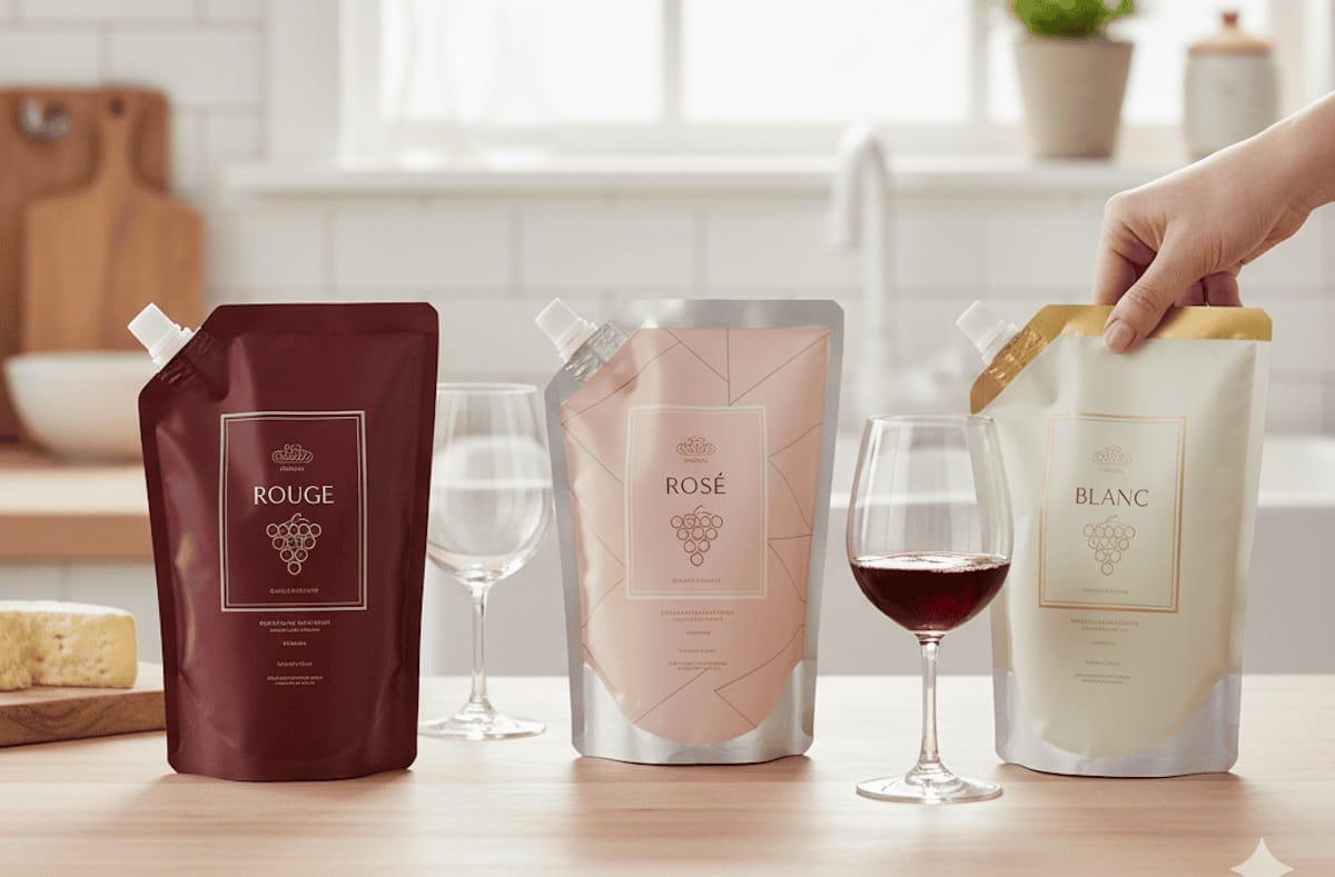 Concept di Pouch di vino rosso, bianco e rosé.