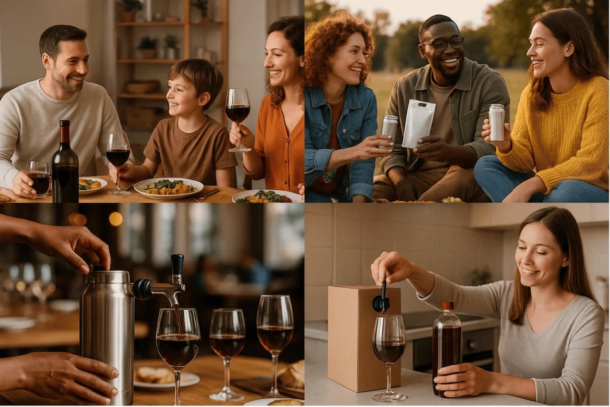 Collage a quattro quadranti con persone che condividono vino