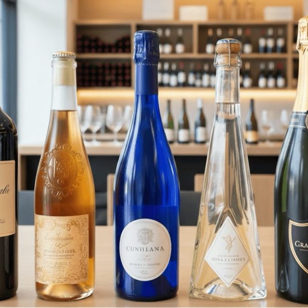 Diversi tipi di bottiglie di vino, con colori e forme diverse