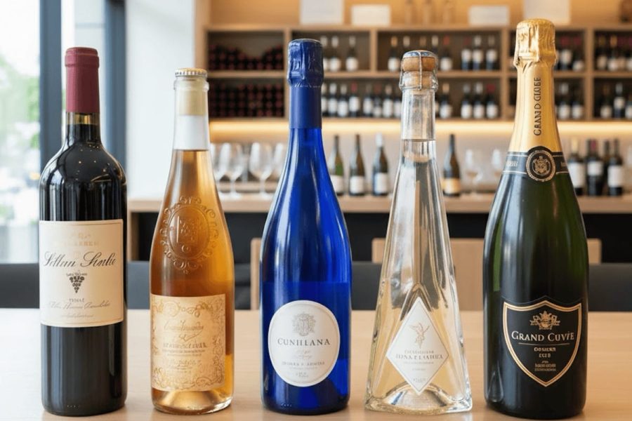 Diversi tipi di bottiglie di vino, con colori e forme diverse