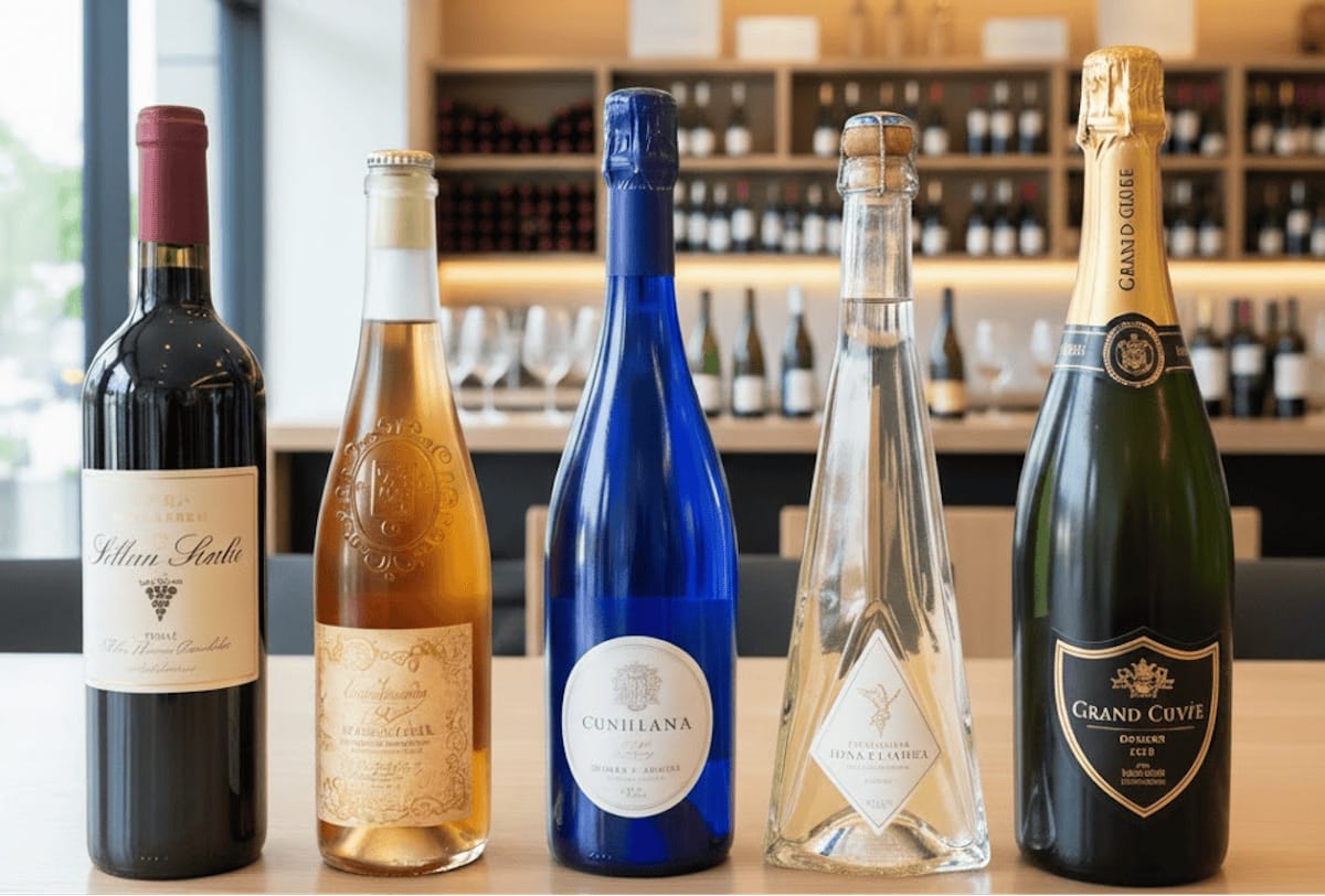 Diversi tipi di bottiglie di vino, con colori e forme diverse